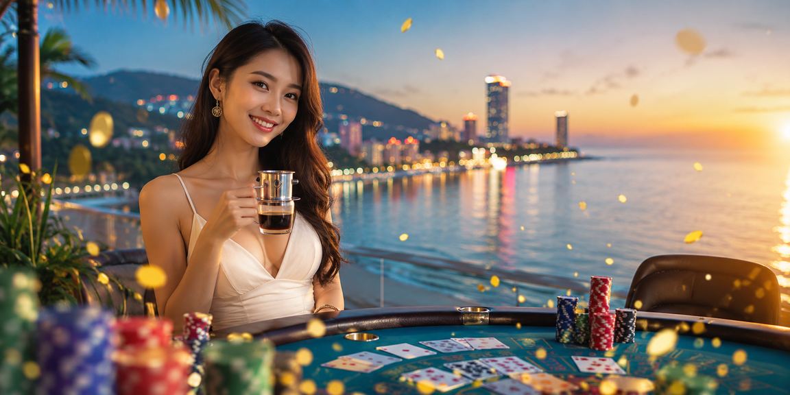 Người dùng Phú Quốc thư giãn tham gia baccarat trực tuyến trong quán cà phê ven biển